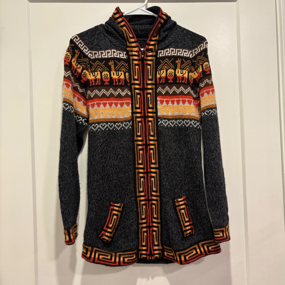 Handmade Alpaca Wool Llama Geometric Hooded Zip Up Cardigan Sweater Peru Grey